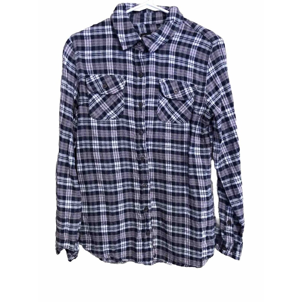 Blue Age Jeans Button Up Womens Size Large Blue Purple Plaid Long Sleeve Shirt
